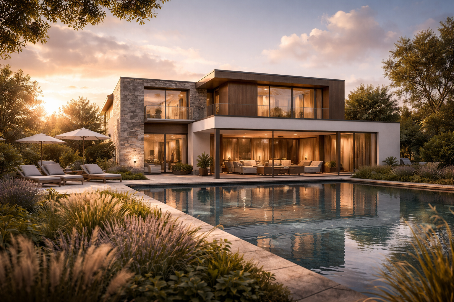 Render exterior vivienda con jardín y piscina al anochecer