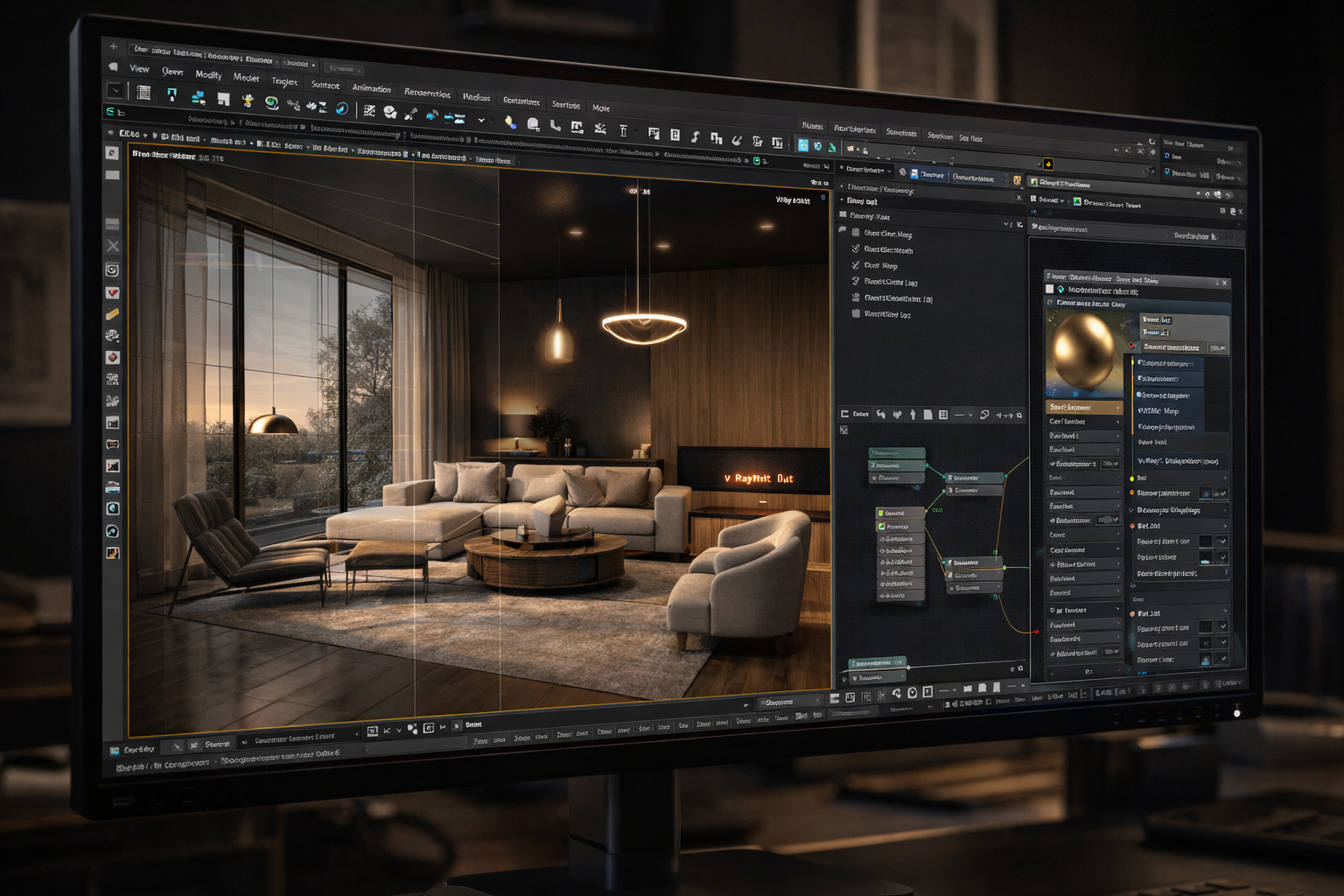 Interfaz 3ds Max con nodos de materiales