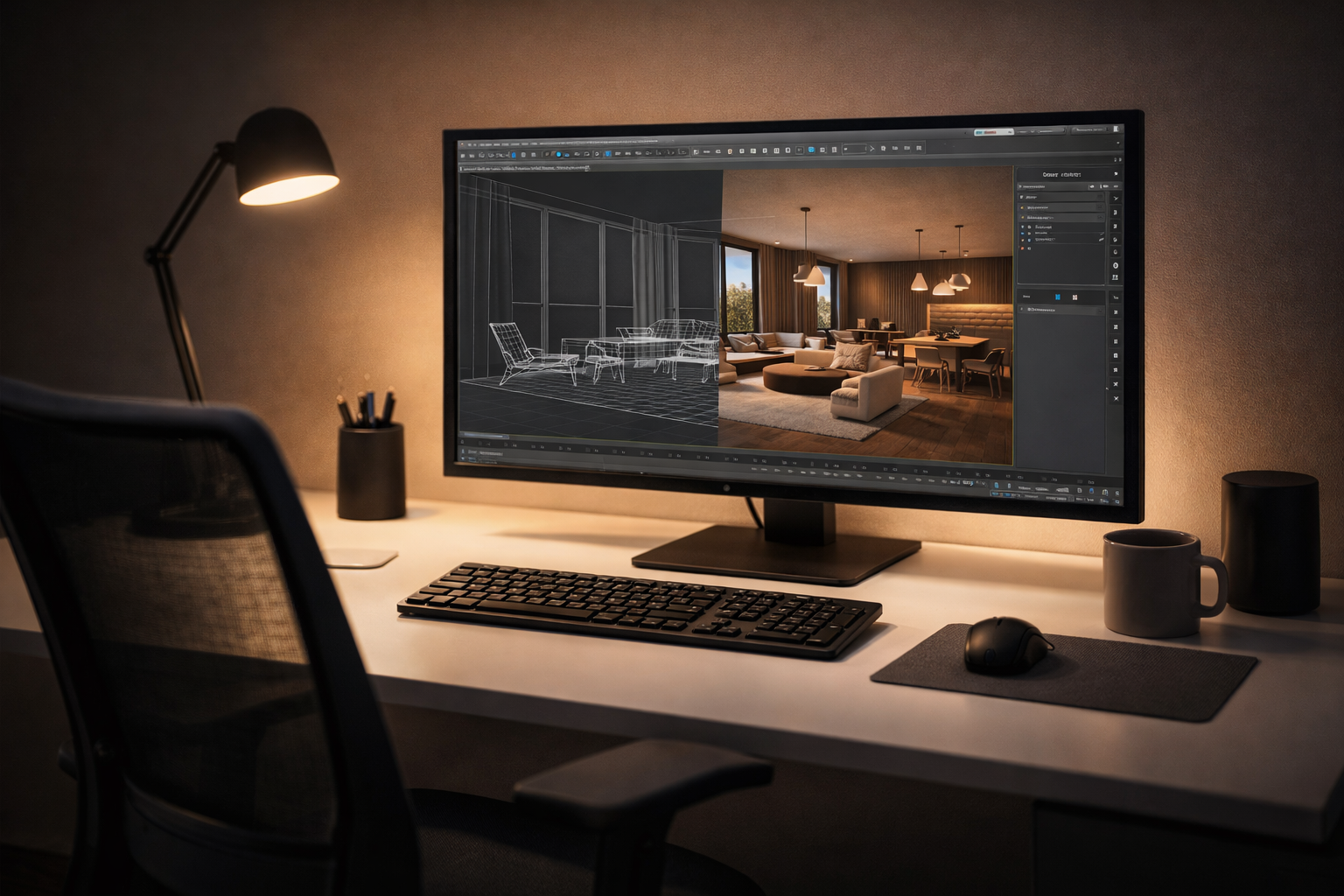 3ds Max con wireframe y render