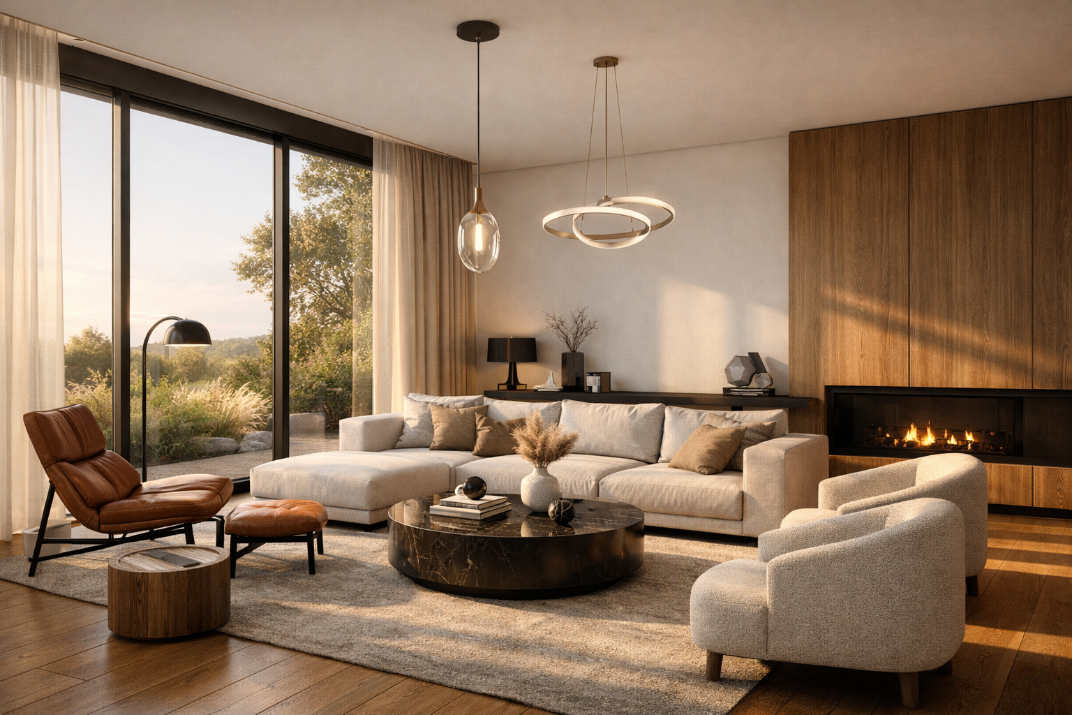 Render interior salón con chimenea